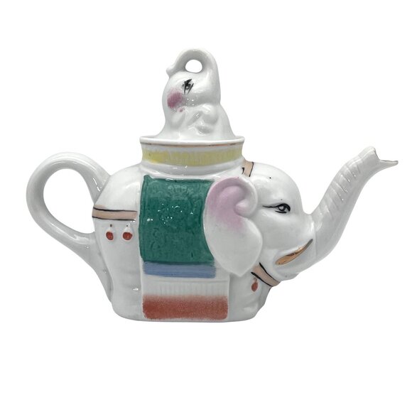 Vintage Elephant Porcelain Ceramic Teapot And Baby Elephant Calf Lid Gold Accent - Picture 3 of 16